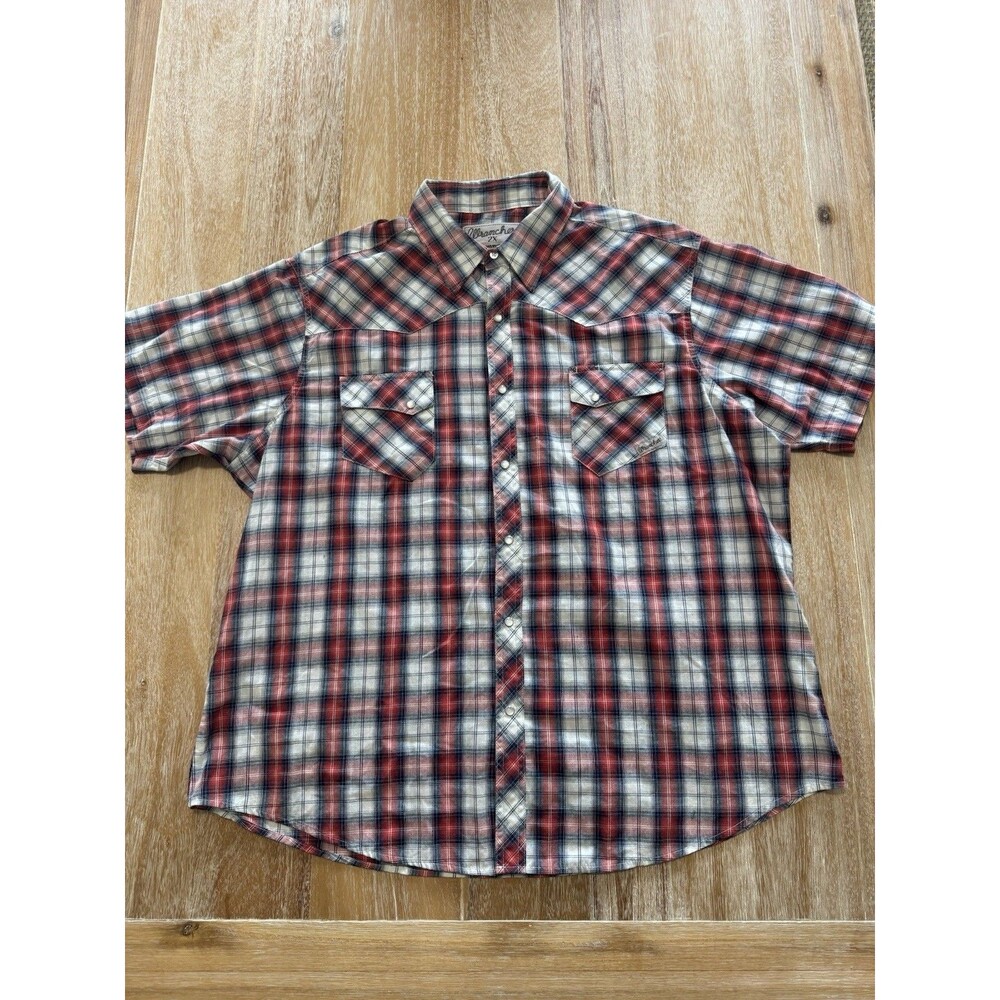 Wrangler Wrancher Western Shirt Men 2X Red Plaid Short Sleeve Pearl Snap MTW1178
